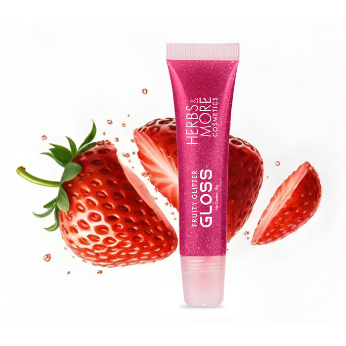 Herbs & More Cosmetics Fruity Lip Gloss Glitter – High Shine, Long-Lasting Moisture, Lightweight Non-Sticky Formula for Sparkling Lips - 10ml (Strawberry, 10ML)