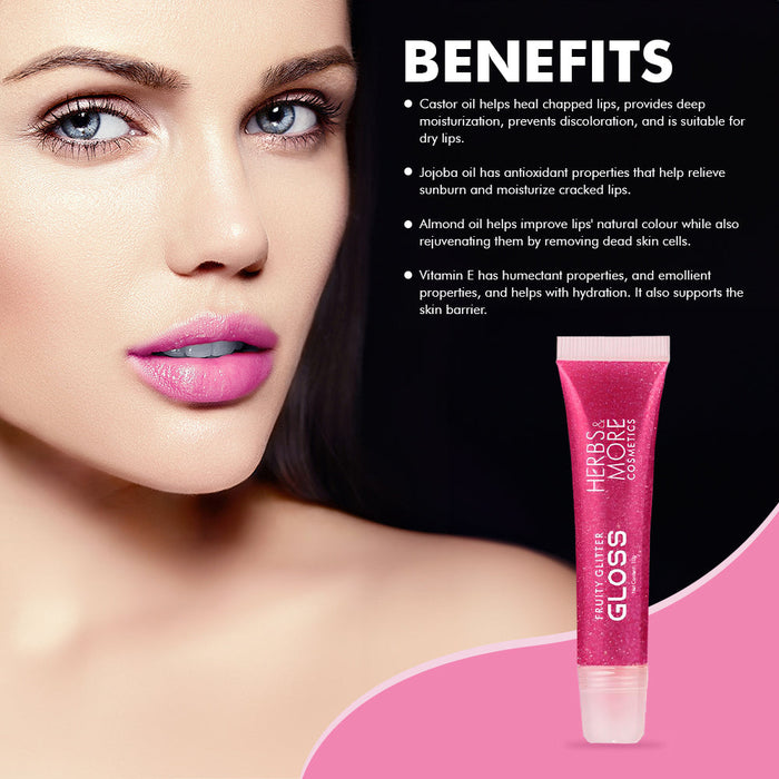 Herbs & More Cosmetics Fruity Lip Gloss Glitter – High Shine, Long-Lasting Moisture, Lightweight Non-Sticky Formula for Sparkling Lips - 10ml (Strawberry, 10ML)