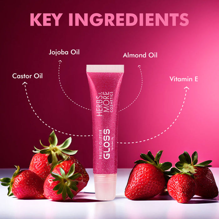 Herbs & More Cosmetics Fruity Lip Gloss Glitter – High Shine, Long-Lasting Moisture, Lightweight Non-Sticky Formula for Sparkling Lips - 10ml (Strawberry, 10ML)