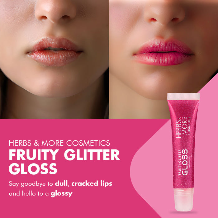Herbs & More Cosmetics Fruity Lip Gloss Glitter – High Shine, Long-Lasting Moisture, Lightweight Non-Sticky Formula for Sparkling Lips - 10ml (Strawberry, 10ML)
