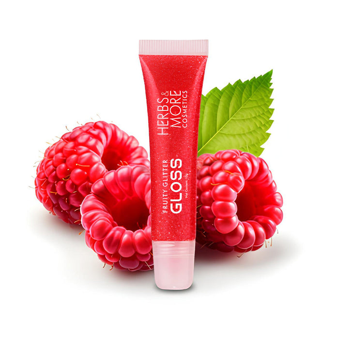 Herbs & More Cosmetics Fruity Lip Gloss Glitter – High Shine, Long-Lasting Moisture, Lightweight Non-Sticky Formula for Sparkling Lips - 10ml (Raspberry, 10ML)