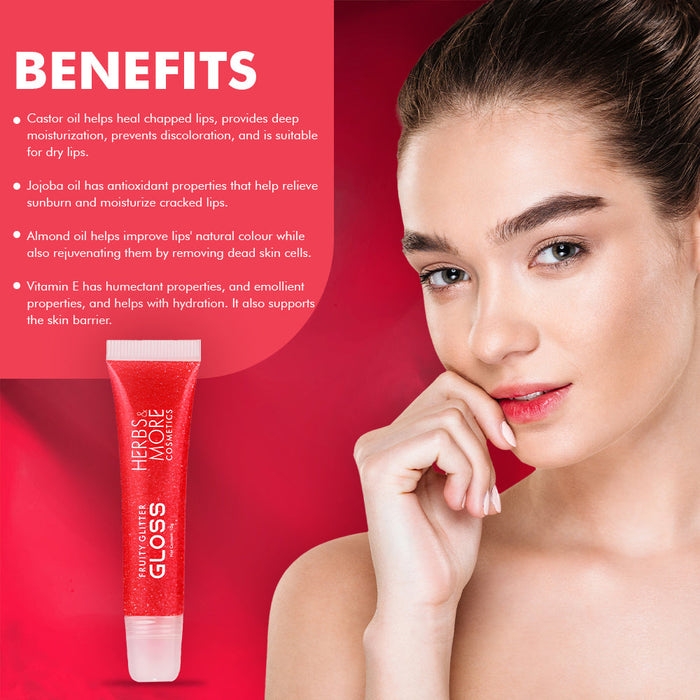 Herbs & More Cosmetics Fruity Lip Gloss Glitter – High Shine, Long-Lasting Moisture, Lightweight Non-Sticky Formula for Sparkling Lips - 10ml (Raspberry, 10ML)