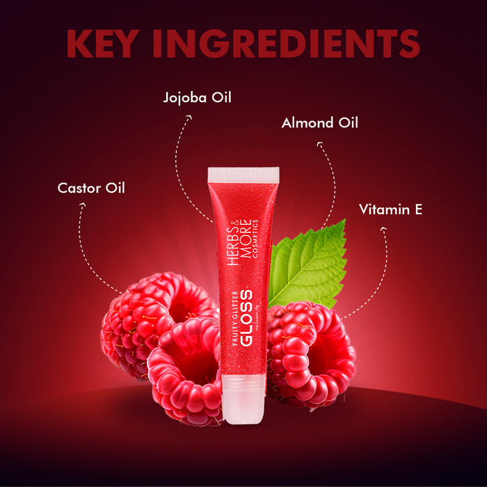Herbs & More Cosmetics Fruity Lip Gloss Glitter – High Shine, Long-Lasting Moisture, Lightweight Non-Sticky Formula for Sparkling Lips - 10ml (Raspberry, 10ML)