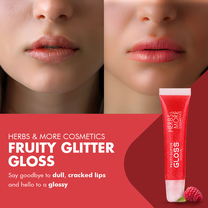 Herbs & More Cosmetics Fruity Lip Gloss Glitter – High Shine, Long-Lasting Moisture, Lightweight Non-Sticky Formula for Sparkling Lips - 10ml (Raspberry, 10ML)
