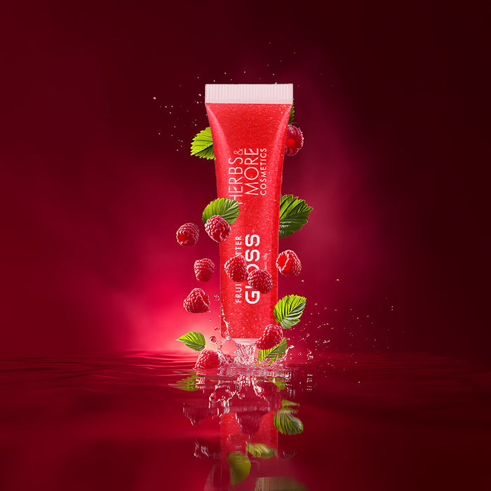 Herbs & More Cosmetics Fruity Lip Gloss Glitter – High Shine, Long-Lasting Moisture, Lightweight Non-Sticky Formula for Sparkling Lips - 10ml (Raspberry, 10ML)