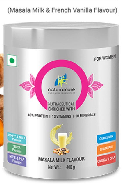 Naturamore for Women Masala Milk 40 Percent Protein 13 Vitamins 10 Minerals Shatavari Haridra Calcium Biotin Omega 3 DHA