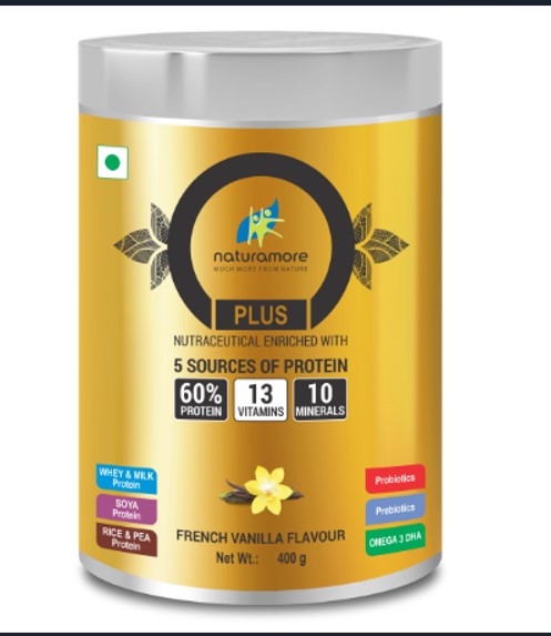 NATURAMORE PLUS 60 PERCENT PROTEIN 13 VITAMINS 11 MINERALS PROBIOTICS PREBIOTIC POWDER ALOE VERA OMEGA 3 DHA