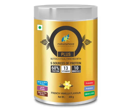 NATURAMORE PLUS 60 PERCENT PROTEIN 13 VITAMINS 11 MINERALS PROBIOTICS PREBIOTIC POWDER ALOE VERA OMEGA 3 DHA