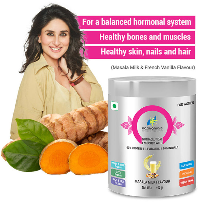 Naturamore for Women Masala Milk 40 Percent Protein 13 Vitamins 10 Minerals Shatavari Haridra Calcium Biotin Omega 3 DHA
